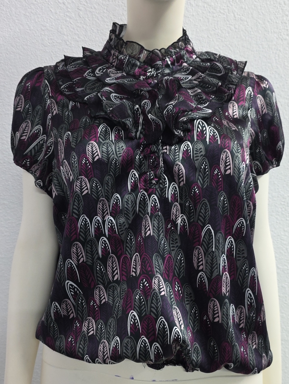 Apostrophe Ruffle Neck Feather Print Blouse Puff Sleeve Sheer Overlay Top